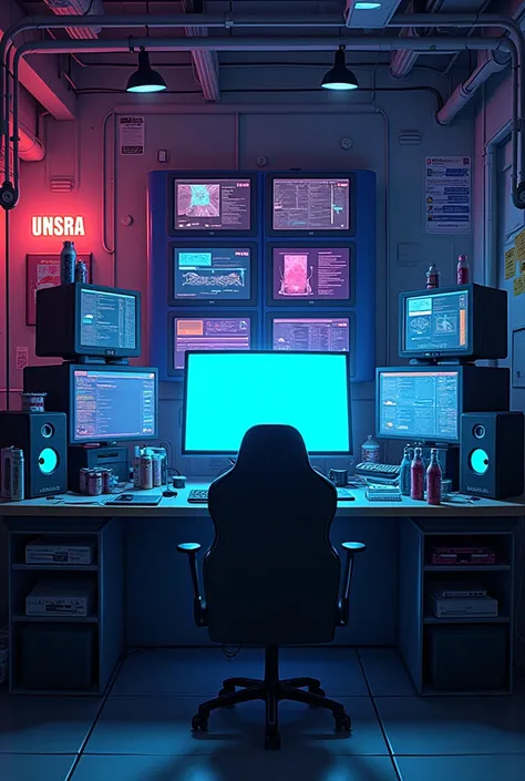 ((Masterpiece)), (((Best Quality)))), ((Illustration)), (illustrated:3) (Depth of Field: 1.2),  the computer screen, Indoors, Room, Dim Room, Sci-Fi, Neon, Neon Lights, Cyberpunk, Computer Room, Headphones, Computer Equipment,  Server Room Background, disp...