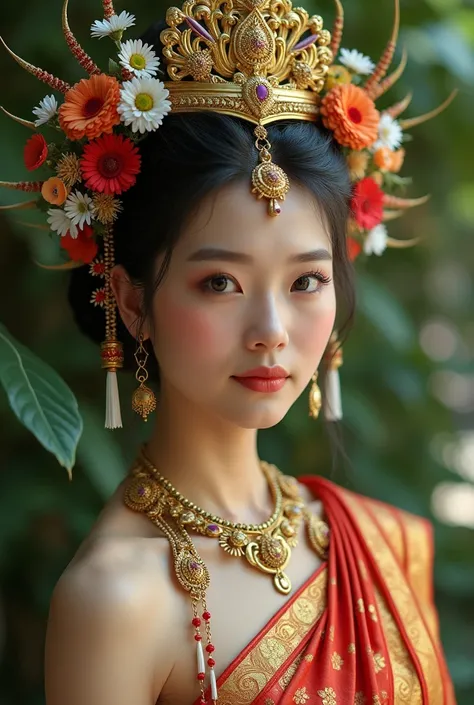  Surreal, half distance, half, beautiful Thai woman of pure age, with hair on her head and jewelry, wearing a golden Thai costume,red,green,purple,  Thong made of Tong leaves adorned with flowers and daisies ,4D,3K,cg,Contrast of colors ,Blurred background...