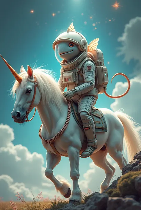 A fish dressed in a space suit riding a unicorn 