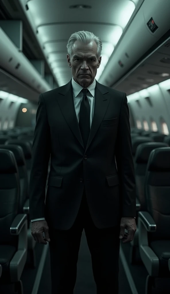 A white-skinned man with a menacing, slightly frightening expression, standing inside an airplane. He has short, neatly combed hair and wears a black suit, which contrasts with the dimly lit airplane cabin. His intense gaze and rigid posture give him an in...