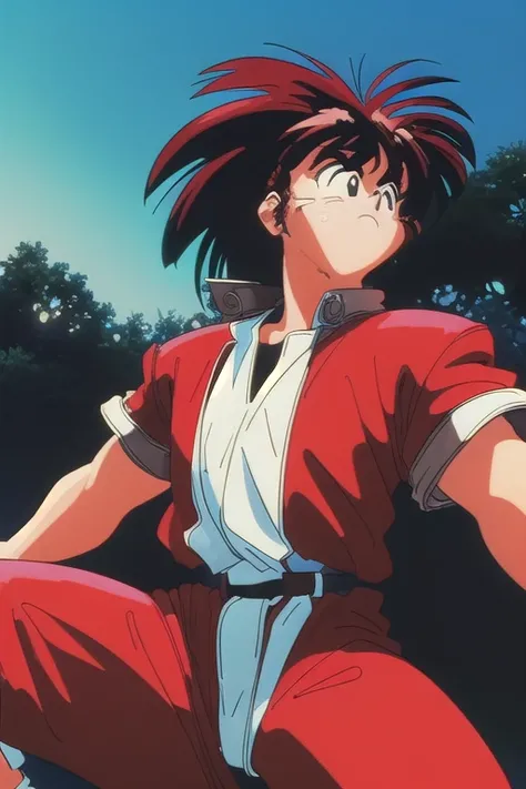 Do my oc  (man) The (1990s (style):1.5)  wearing a red jacket and black shirt, black and red hair , surprised,  looking at the landscape ,Brown eyes