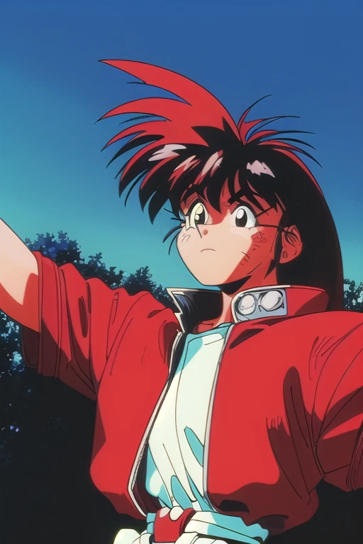 Do my oc  (man) The (1990s (style):1.5)  wearing a red jacket and black shirt, black and red hair , surprised,  looking at the landscape ,Brown eyes