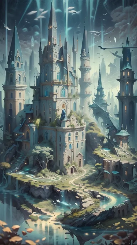 A close-up of a floating castle、There is plenty of water, an underwater city, Undersea Temple,Aquatic monastery, Submerged temple landscape, aquatic environment, Underwater temple, the The Lost City of Atlantis, The Lost City of Atlantis, marine environmen...