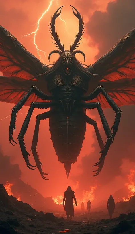 A hyper-realistic 4K image of the demonic creatures described in the Book of Revelation. The scene features monstrous locusts with human-like faces, crowned with twisted golden circlets and long flowing hair. Their bodies are armored with breastplates of i...