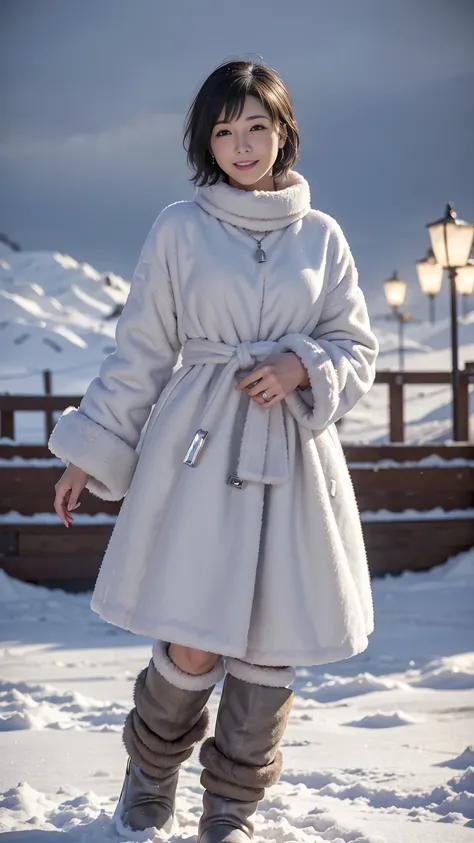 Fluffy scarf、 medium short hair、Expression of white breath 、 Photo from waist up  、 lift up to night city lights 、 cowgirl shot、Fur coat、luxurious gray mink fur coat、 leather boots that are easy to wear 、Luxury Bags、 collared turtlenecks 、 silver necklace ...