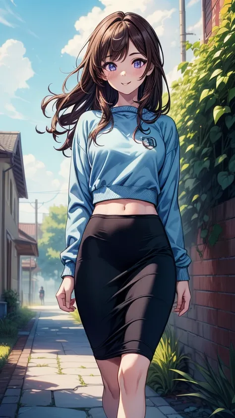 ((((masterpiece, best quality:1.8, high detail)))), ((1girl)), (beautiful woman), looking at viewer, smile, bright purple eyes, solo focus, long hair, ((brown hair)), hairpin, ((light blue sweatshirt)), (black midi pencil skirt), slim body, midriff, navel,...