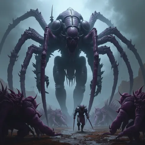 Tyranids, darkflesh, swarmlord, dark purple armourplate, boneswords, scytherarms, Warhammer 40k, xenos, futuristic dark fantasy, alien