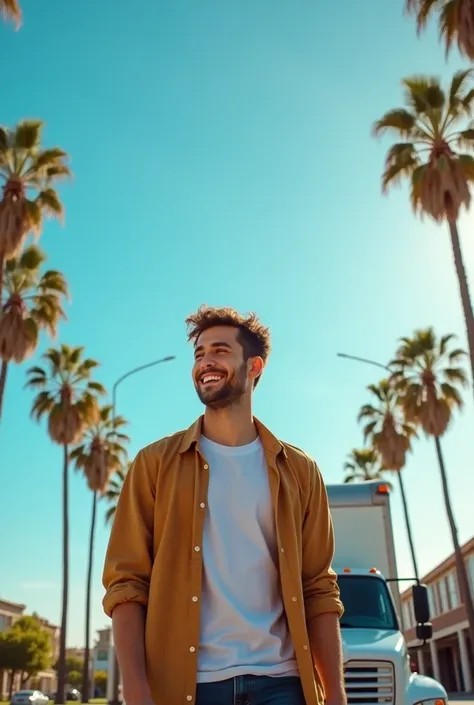 A young man standing with a hopeful smile near a moving truck, he is just moving into a sunny Los Angeles neighborhood. Background shows a clear sky and palm trees, evoking a fresh start.