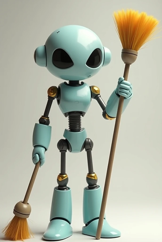  I want the image of a female version robot with long eyelashes and that this animated robot has a broom in one hand and a mop in the other hand and that I am lifting them, I want the elements of a broom and mop to stand out  