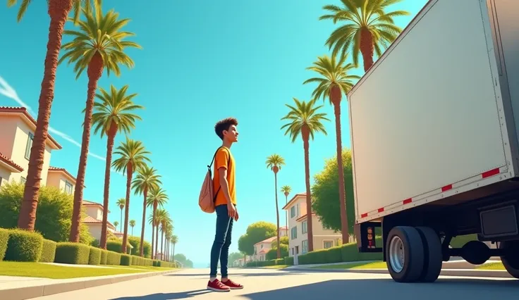 A young man standing with a hopeful smile near a movers truck, he is just moving into a sunny Los Angeles neighborhood. Background shows a clear sky and palm trees, evoking a fresh start.