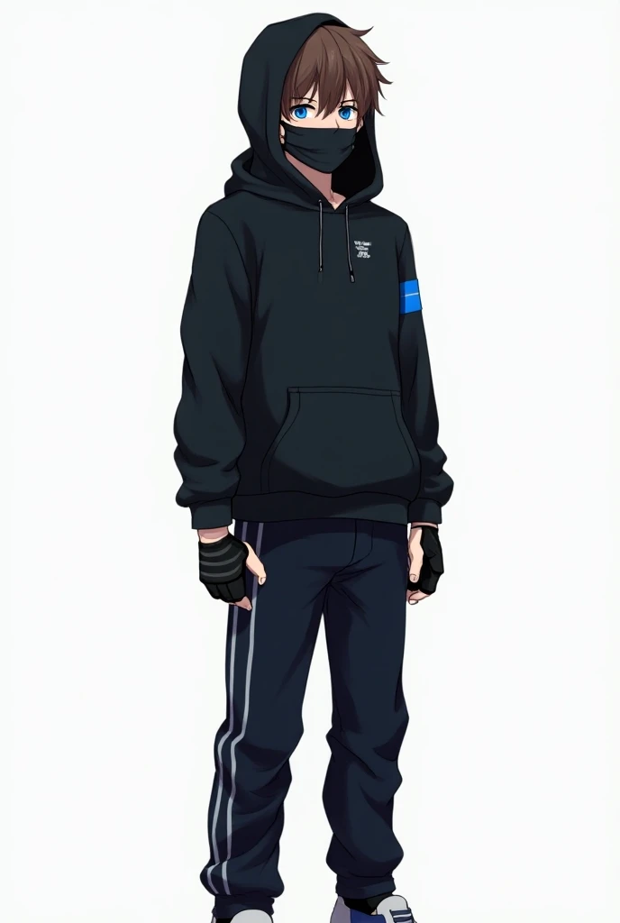 Tall boy [1. 59 meters tall ] ,with a semi-muscular body , brown hair , blue eyes , he wears a black mask , he wears a black long-sleeved hood , has a hood on , on the chest of the hood he has the Alan Walker logo , he has blue lines on his arms , he wears...