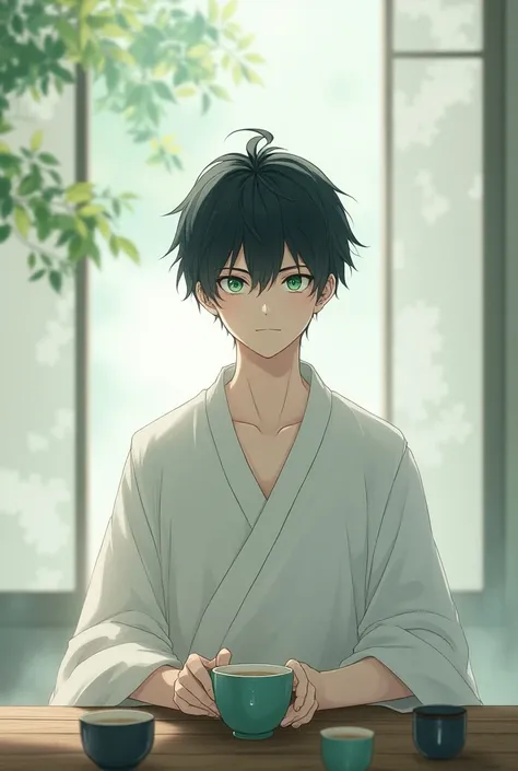 Teenage boy, pecocious, green eyes, black haired, white tea, anime
