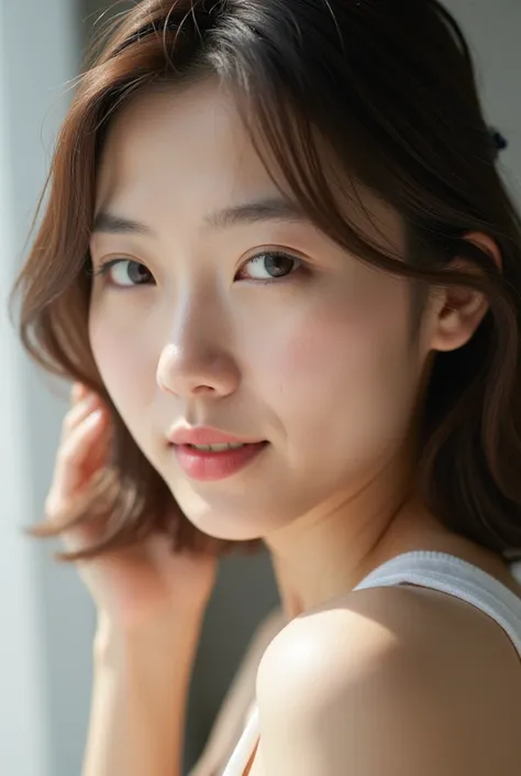  Japanese woman with a viewing angle of、20 years old、((( Realistic Pictures)))、((( Realistic Skin )))、Fresh morning atmosphere、No makeup,((downturned eyes))、((drowsy eyes)),kind eyes,double eyelid,inverted triangle face,clear skin,groomed eyebrows,healthy ...