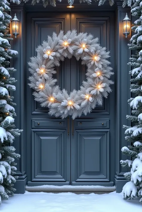 Decorated Christmas door in silver tone
