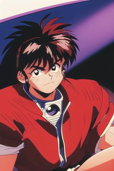 Do my oc  (man) The (1990s (style):1.5)  wearing a red jacket and black shirt, black and red hair , blushing,  looking at the landscape ,Brown eyes