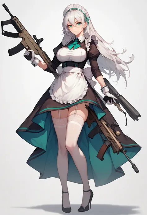 1girl, solo, long hair, looking at viewer, simple background, large breasts, white background, gloves, dress, thighhighs, hair between eyes, closed mouth, standing, green eyes, full body, white hair, frills, holding weapon, high heels, aqua eyes, maid head...