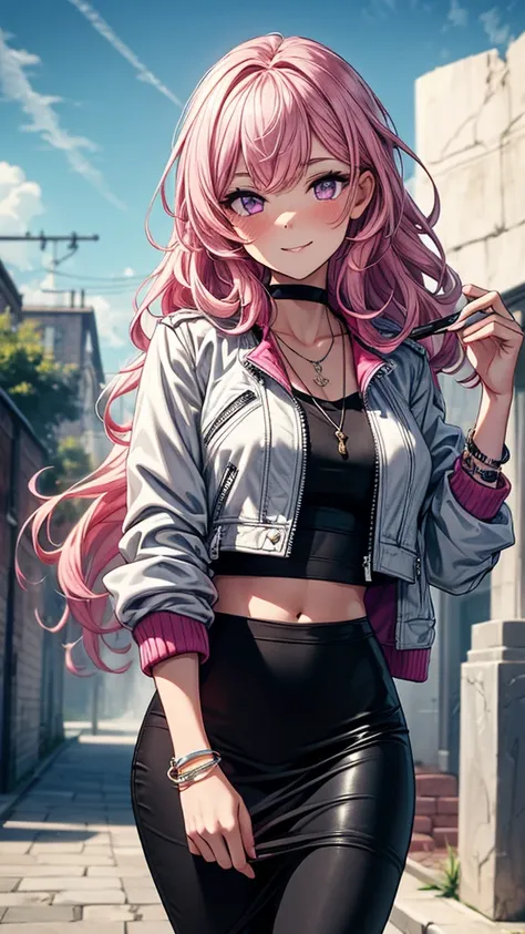 ((masterpiece, best quality:1.3, high detail)), beautiful woman, smile, looking at viewer, long wavy hair, (pink hair), hairpin, bright purple eyes, light blush, (white leather jacket crop top), (long black midi (pencil skirt)), midriff, navel, necklace, b...