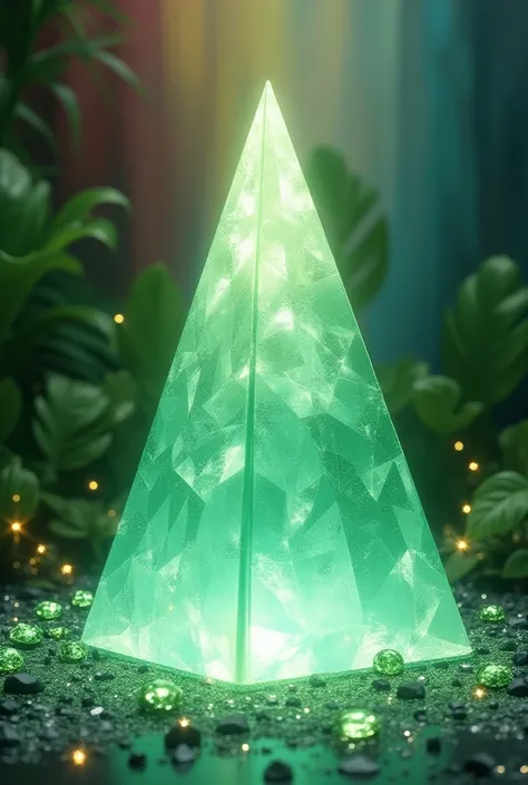 Crystal pyramid in white and green colour. A lucky symbol on the pyramid. The background is multi colored except green and diamonds on the floor