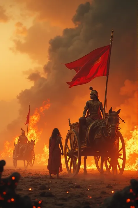 "A lifelike depiction of the moment after the Mahabharata war ends, showing Arjuna’s chariot in flames as it burns down to ashes. Lord Krishna stands beside Arjuna, calmly watching as the chariot is consumed by fire. The flag, where Lord Hanuman once sat, ...