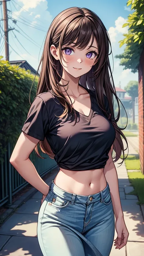 ((((masterpiece, best quality:1.8, high detail)))), ((1girl)), (beautiful woman), looking at viewer, smile, bright purple eyes, solo focus, long straight hair, ((brown hair)), hairpin, ((light blue t-shirt v-neck)), (black midi pencil skirt), slim body, mi...