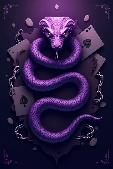  A logo with a purple background with chains , cards, with a purple snake in the center and word "Sextus c "