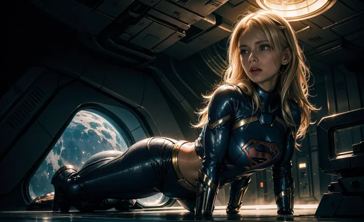 "Create an image of a 25-year-old blonde woman wearing a Supergirl costume. She is sitting inside a spaceship, surrounded by alien creatures. Her costume includes a cropped top that reveals her toned, muscular abdomen. The woman is crying, expressing deep ...