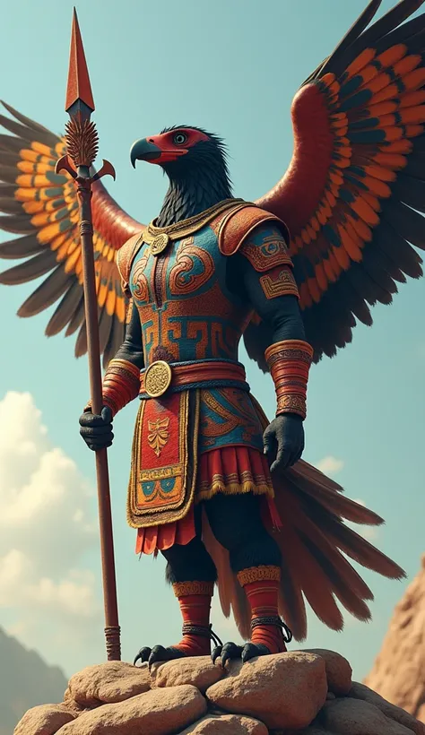 Imagine a mighty condor in colorful armor inspired by ancient patterns, soaring high with a spear, symbolizing  and spirit.
