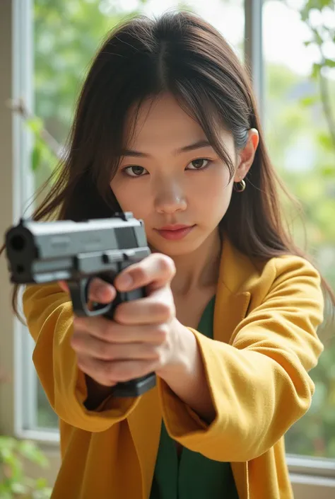  Japanese young woman shooting a handgun、20 years old、((( Realistic Pictures)))、((( Realistic Skin )))、Fresh morning atmosphere、No makeup,((downturned eyes))、((drowsy eyes)),kind eyes,double eyelid,inverted triangle face,clear skin,groomed eyebrows,healthy...