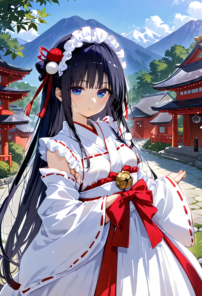 best quality, masterpieceultra hd, 8k，((japanese shrine maiden clothing))， simple village girl、black hair，青 eyes，shortcuts, best...