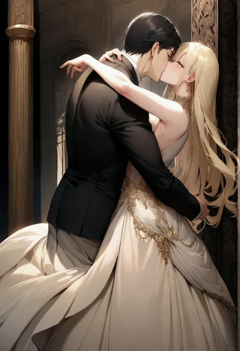 Man with black hair and golden eyes, tall, attractive and imposing, kissing a young woman with long albino blonde hair, both passionate and loving each other