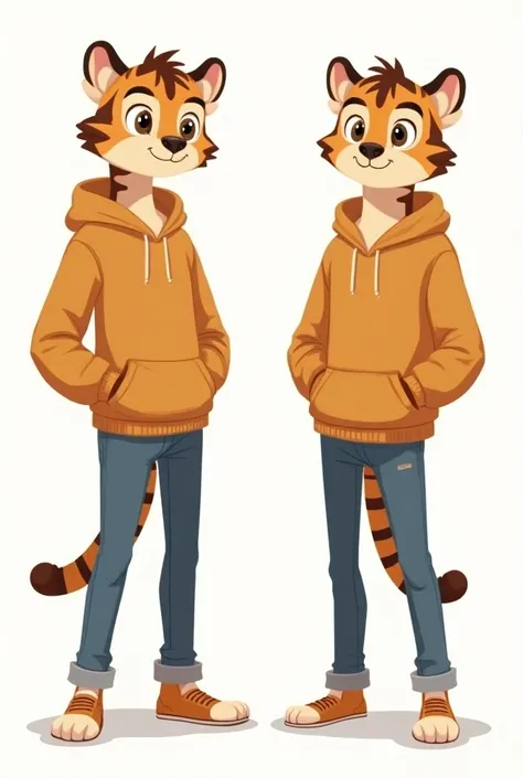 Create a character sheet of an anthropomorphic teenage tiger male. Show a front and side view of the character in casual clothing, with simple attire like a hoodie and jeans. The tiger should have a friendly, youthful expression, with softer features to re...