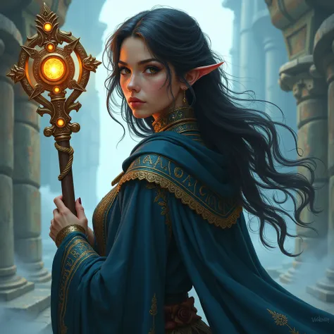 female mage, holding magic staff, High Resolution, realistic portrait, photorealistic, highly detailed, Looking over the shoulder towards the viewer. 