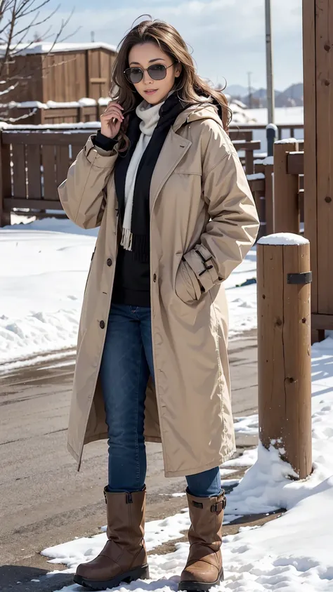 A tall girl with long brown coat, sunglasses and snow boots. Facing a wind wave blowing her hair and coat off. Need a full head to toe pic 