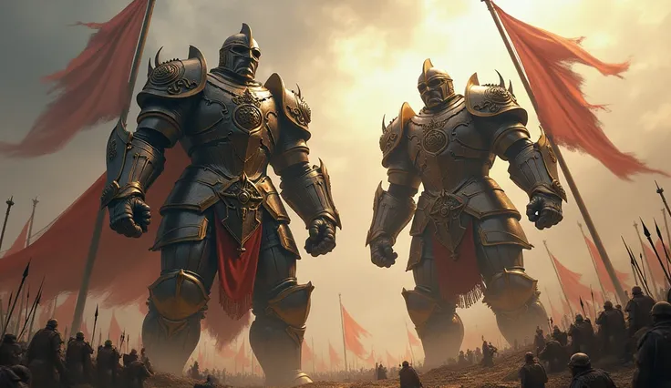 Images of towering warriors ,  wearing iron armor and a human aura ,  in a symbolic battle of power and influence.