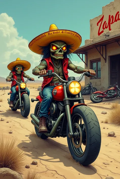 Demon face bikers wearing red vests with yellow Mexican hats custom big trail motorcycles near a bar written Zapata desert cartoon realistic cartoon pencils and crayons after apocalyptic zombies death and destruction fallen motorcycles wrecked cars