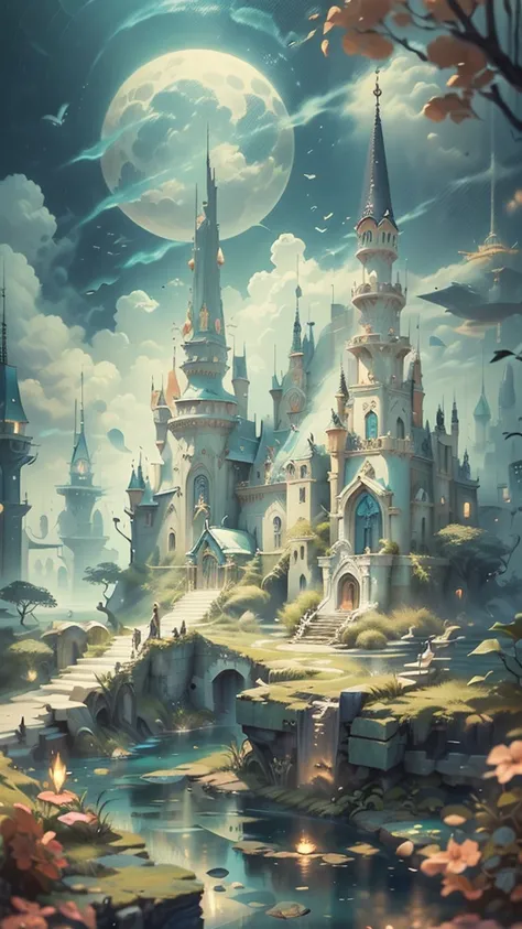 A close-up of a floating castle、There is plenty of water, an underwater city, Undersea Temple,Aquatic monastery, Submerged temple landscape, aquatic environment, Underwater temple, the The Lost City of Atlantis, The Lost City of Atlantis, marine environmen...