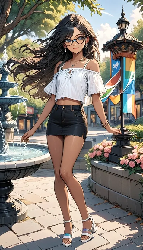 (((Adult trans woman)): denin micro miniskirt, ((Trans flag colors top)), off shoulders cropped top, black eyes, ((brown skin)), dark skin, showing the whole body, ((black hair, long wavy hair)),(High heel white sandals). Closed mouth)); full body shot, cu...