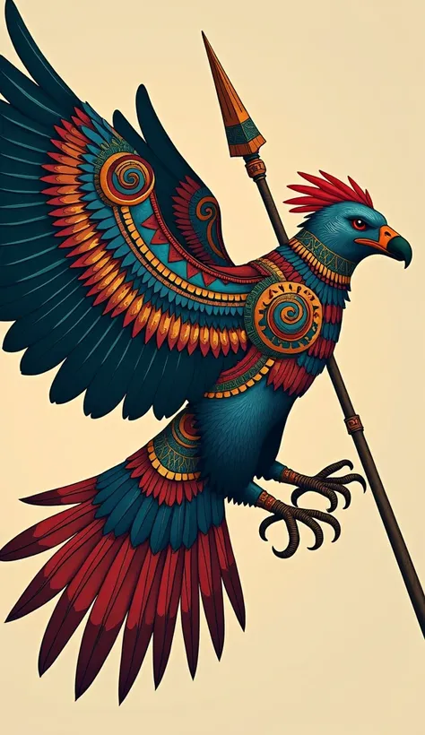 Imagine a mighty condor in colorful armor inspired by ancient patterns, soaring high with a spear, symbolizing  and spirit.