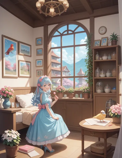  Light Blue Long Hair 、 Beautiful Girl with Twin Tails 、Im looking at the beautiful little bird in the big bird cage with a smile、A bright, sunny room、 There are lots of beautiful flowers in the room