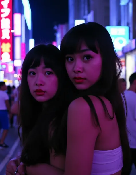 a beautiful japanese girl with long black hair and a dynamite sexy body in a cute colorful outfit, hugged from behind by her younger sister in a vibrant neon-lit night city street, (best quality,4k,8k,highres,masterpiece:1.2),ultra-detailed,(realistic,phot...