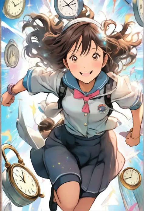 Cute Japanese high school girl time traveler, jumping through time and space, distorted clock, going from the present to the past or future, smile, excitement, dynamic angle