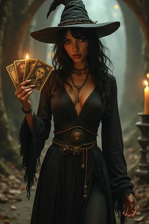 Brown witch with fringe and tarot cards