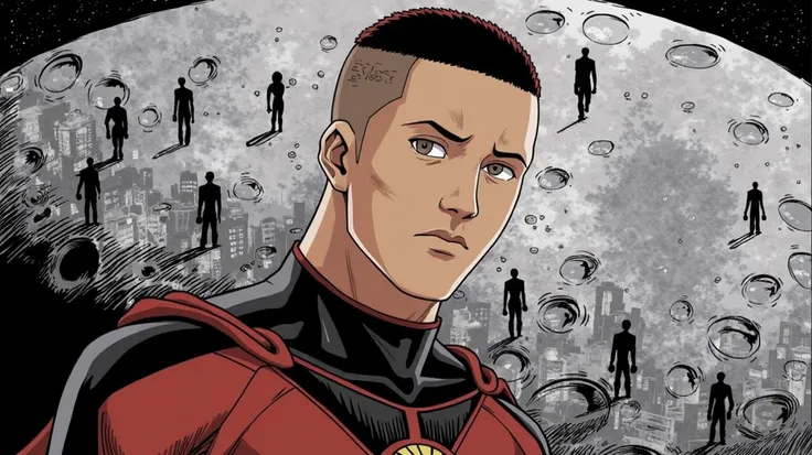 comic style/anime, Create a character named Osian ,  with brown skin or light brown , height 1,80,  and with a shaved haircut or taper fade,  Osian is walking down the street during the day and lonely