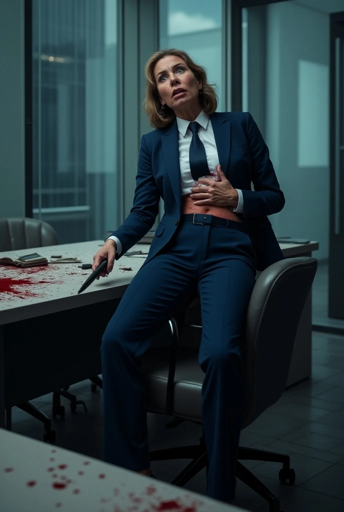 Create me an image of a woman in a suit and tie killed with a knife