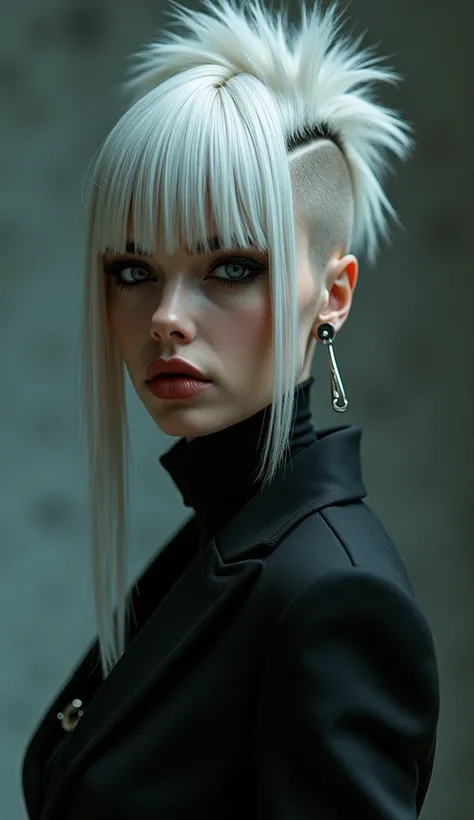 realistic, photography, american sci-fi model, young woman, 2, medium large breast, sharp facial features, almost sheved head except for asimetrical long white bang that cover half of the face on one side, strong dark makeup, piercing on the ear, elegant c...