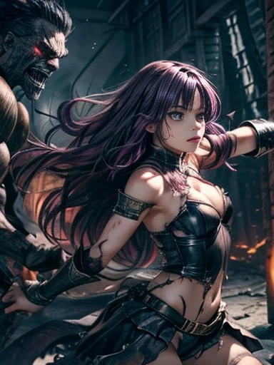  best quality、torture、 slave、Constraints、BDSM、Captured by a monster、Surrounded by monsters、defeat、 beautiful woman with very long purple hair、Full of wounds、tattered white armor（Small breasts、 cleavage、 off-shoulder 、Sleeveless、No elbow pads、belly button、 ...