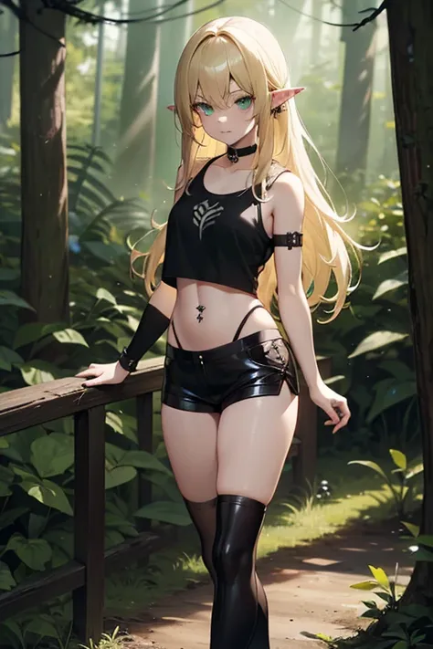 (gothic)1 elf girl, with pointy ears, long hair, blonde, green-eyed, white pele, de minishort preto,  in short black tank top t-shirt ,  belly sample, belly button piercing, In black choker , in black boots,  in black socks above the knees, (standing), (Fo...