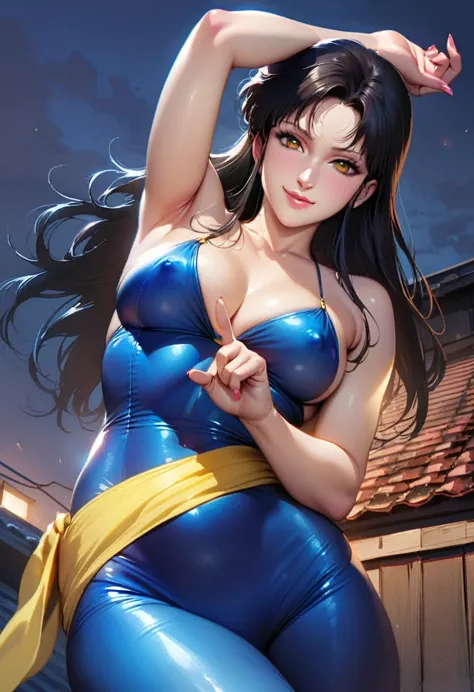 cat's eye,hitomi kisugi,black long hair,fh1to,blue_catsuit_yellow_belt,1girl, blue leotard,no sleeve,perfect hands, perfect fing...