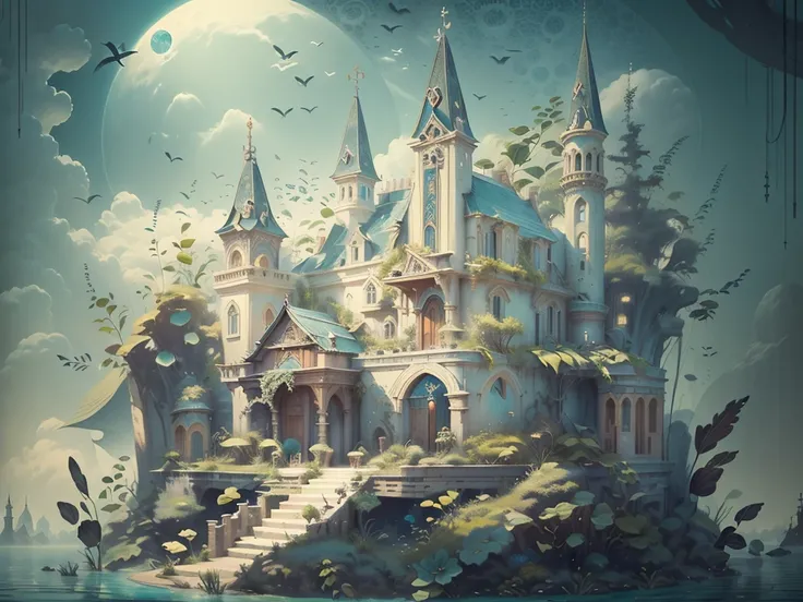 A close-up of a floating castle、There is plenty of water, an underwater city, Undersea Temple,Aquatic monastery, Submerged temple landscape, aquatic environment, Underwater temple, the The Lost City of Atlantis, The Lost City of Atlantis, marine environmen...