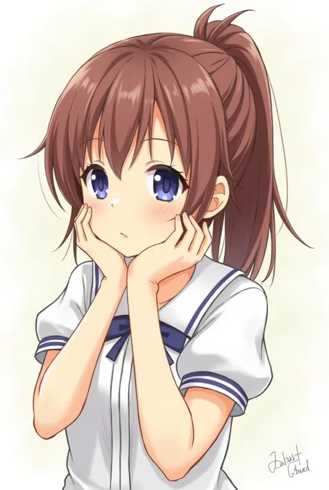 青い目と茶色の髪をした、 anime girl putting her hands on her chin, Anime drawing by Master of Chinese Literature , Pixiv, Process Art, Cute anime face, extremely  cute anime girl  face,  cute anime girl  portrait,  cute anime girl  portraits, Cute natural anime face, ...